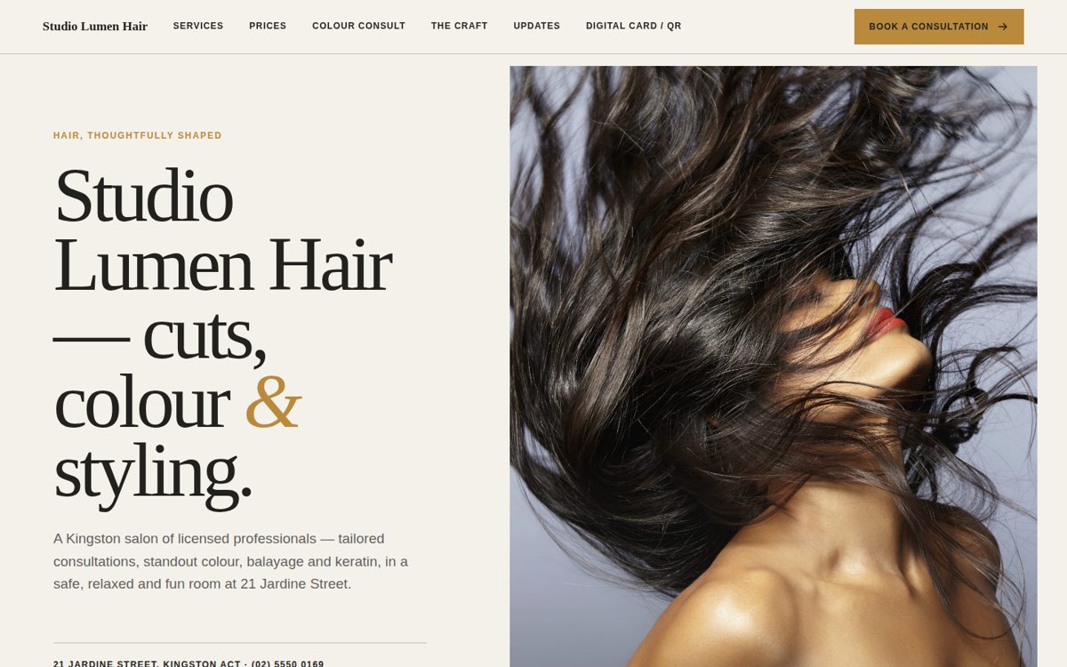 Screenshot of Studio Lumen Hair website